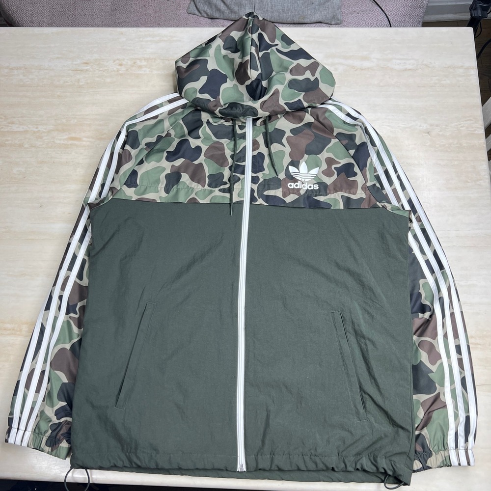 Adidas Originals Mens Camo Windbreaker Jacket Olive Green Full Zip Hooded Large - Picture 4 of 12